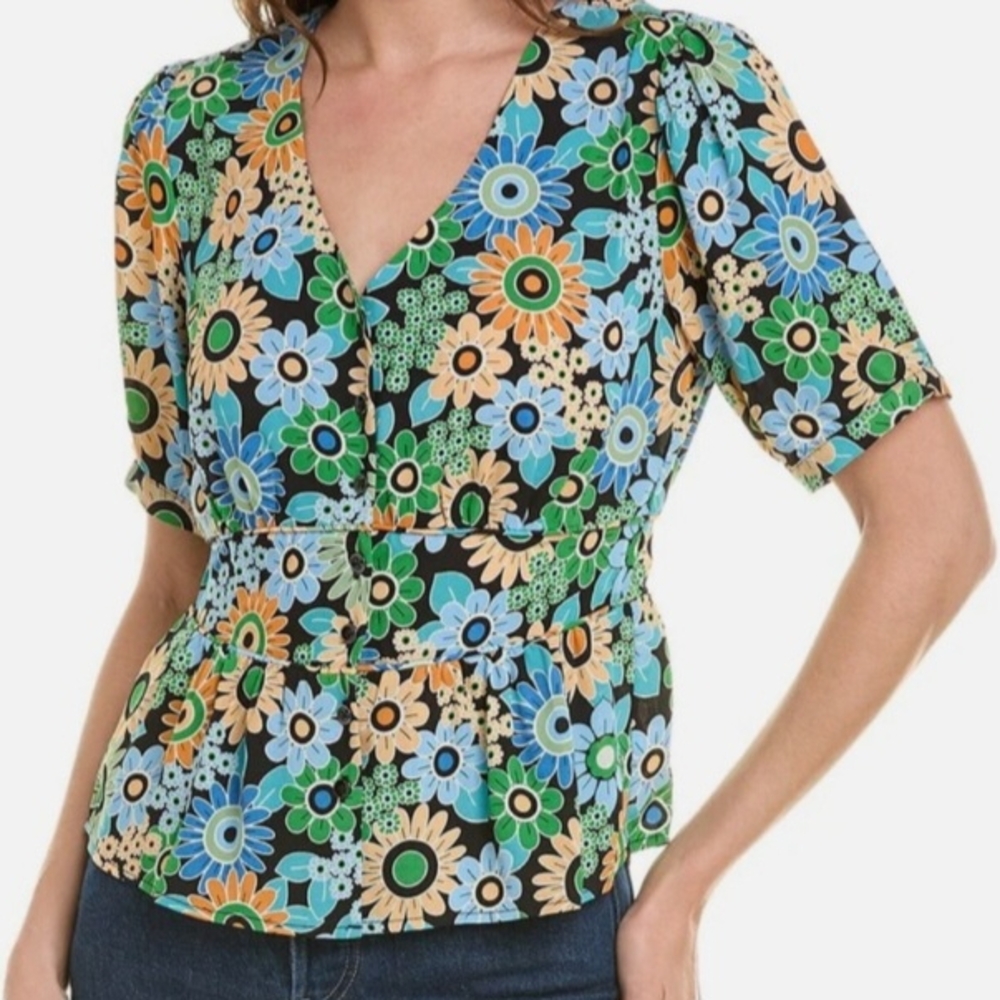 CAbi Floral V-Neck Blouse - Blue, Green, Orange